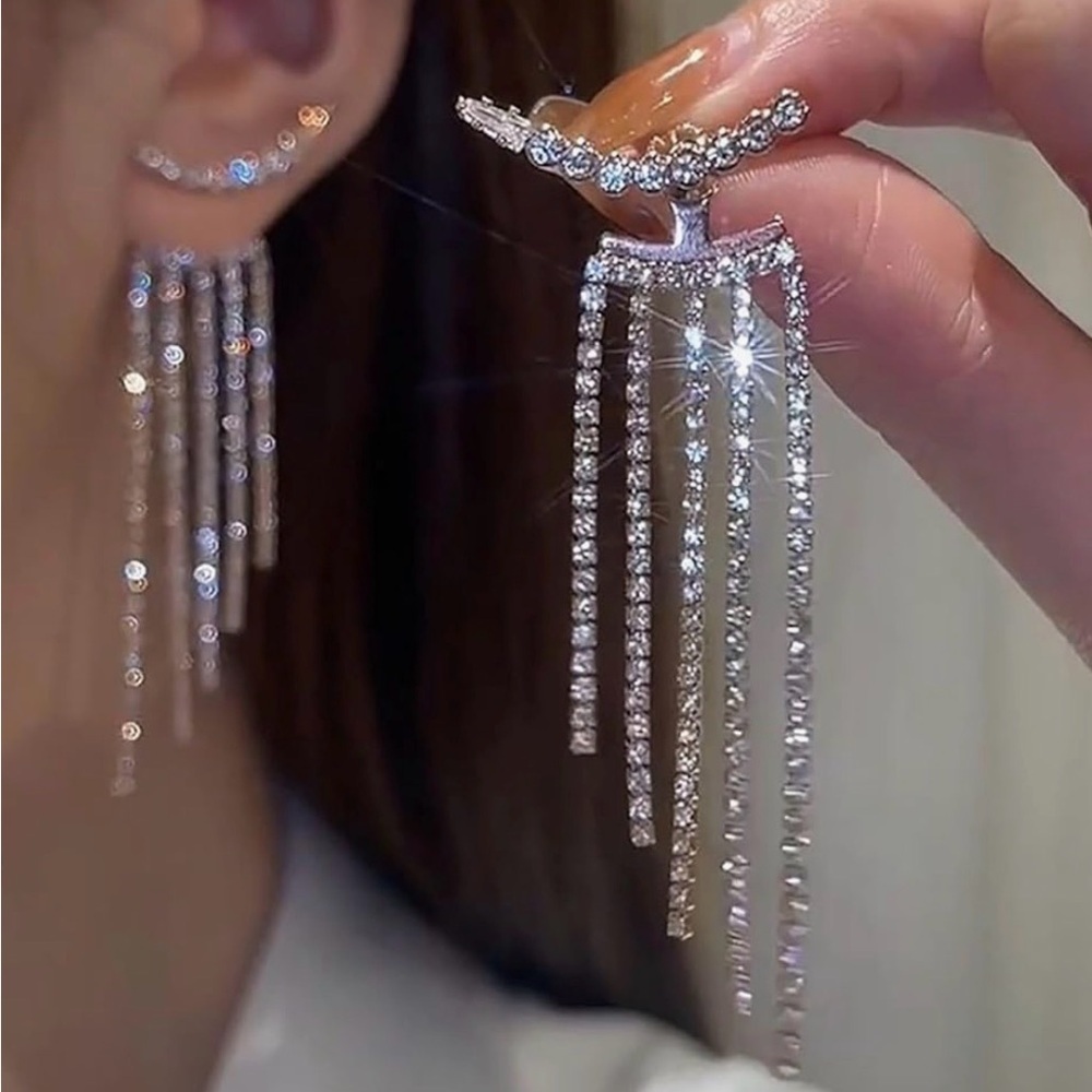 Silver Rhinestone Dangle Earrings - Picture 4 of 4